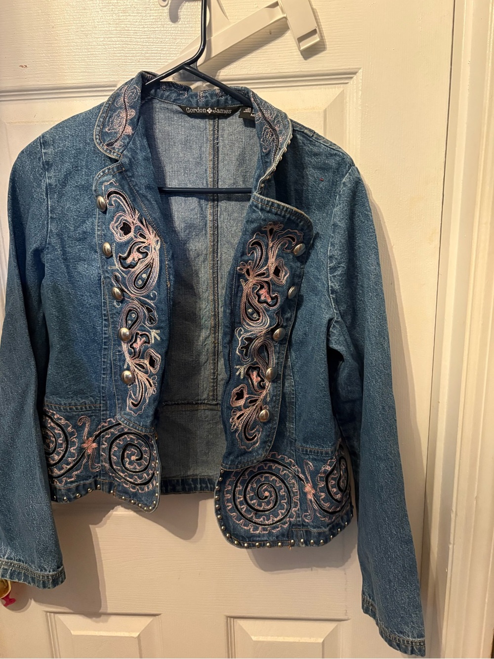 Embroidered Crop Denim Jacket with Pink Accents
